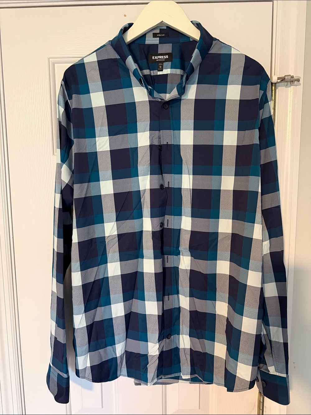 Express Men’s Blue and Navy Plaid Button-Down Shirt